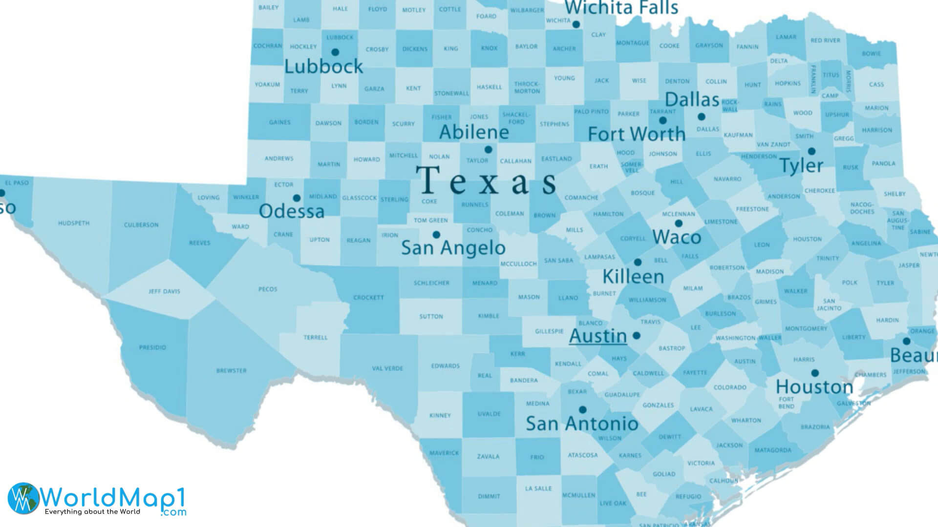 Texas Largest Cities Map with Counties